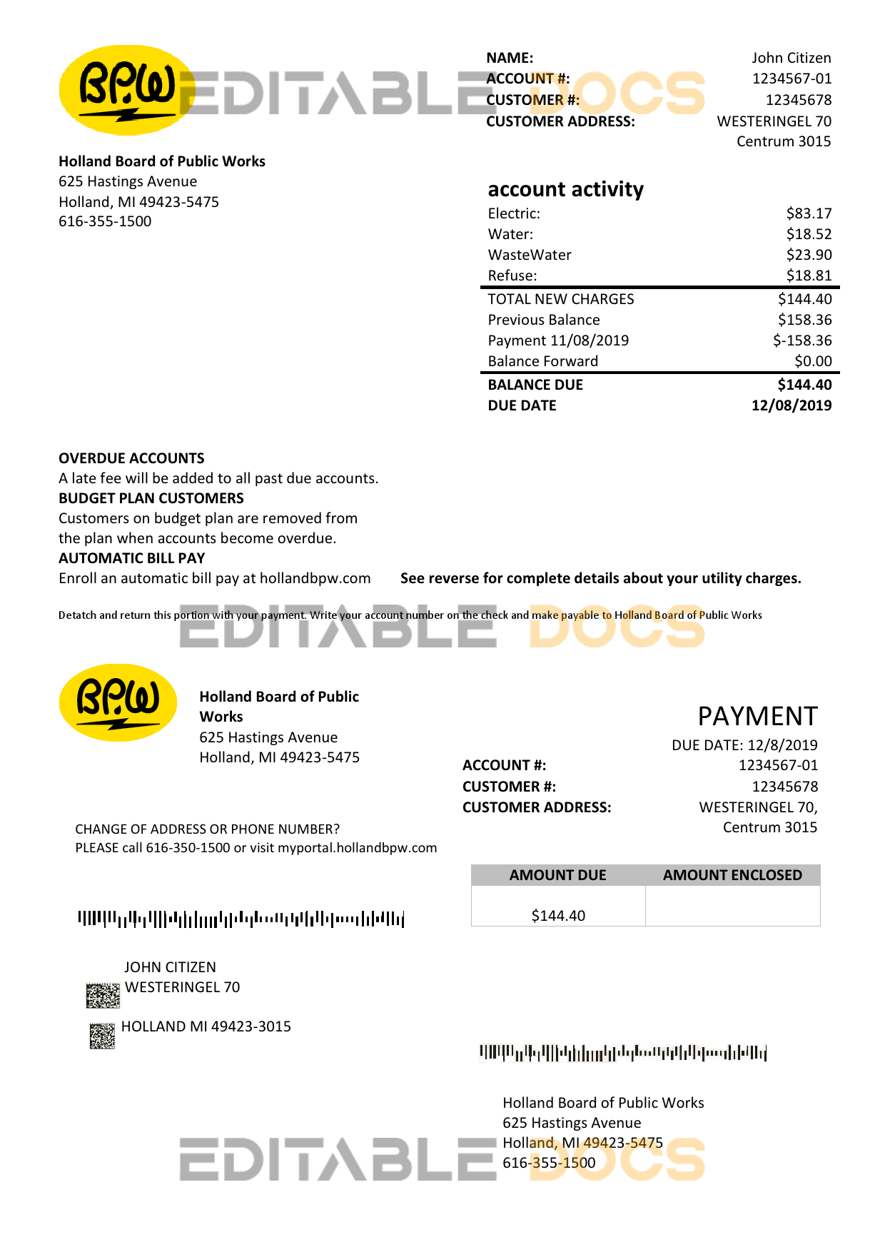 Netherlands BPW utility bill template in Word and PDF format