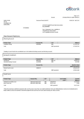 Hong Kong Citibank credit card statement template in Word and PDF format