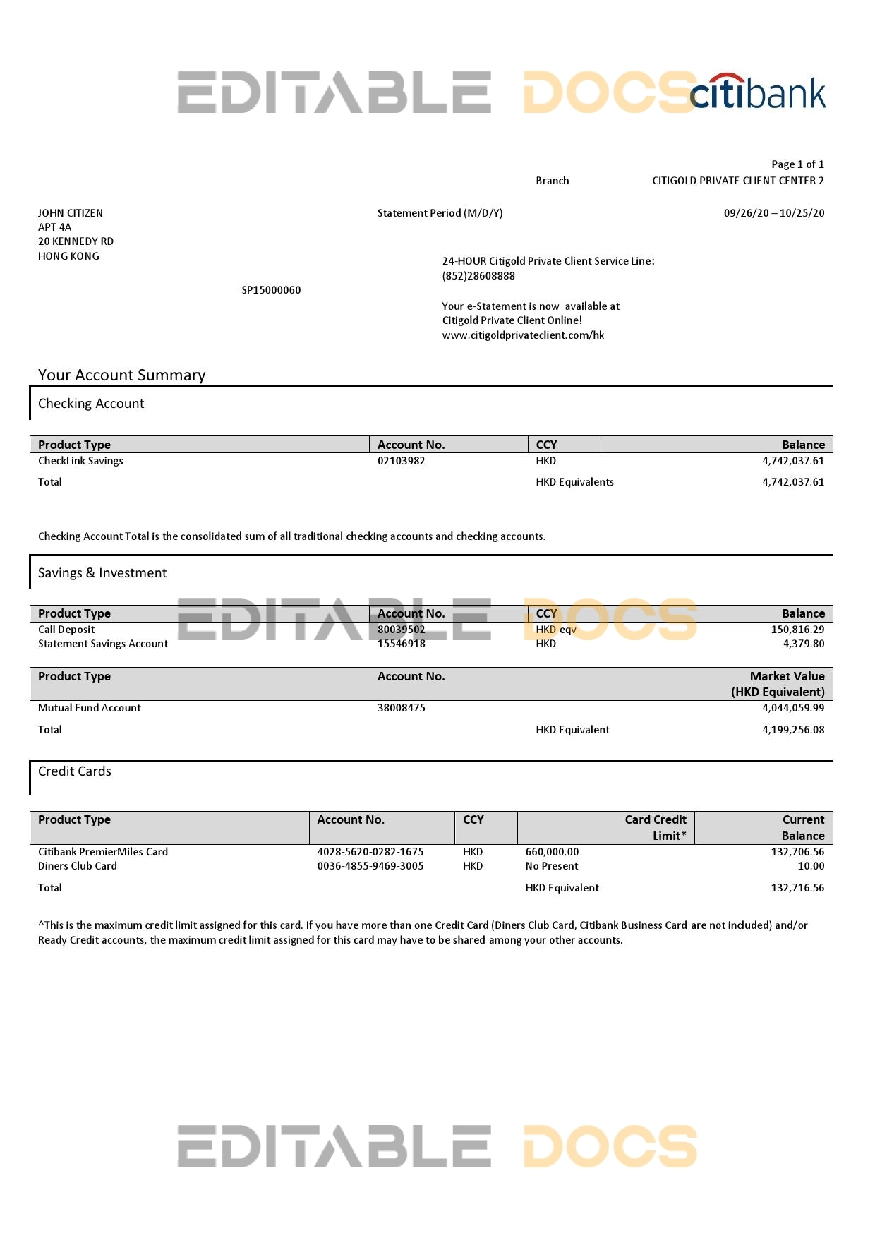 Hong Kong Citibank credit card statement template in Word and PDF format