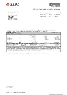 Hong Kong Hang Seng bank statement Word and PDF template, 2 pages
