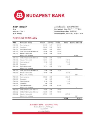 Hungary Budapest Bank – Szolnoki Fiók bank statement easy to fill template in .xls and .pdf file format