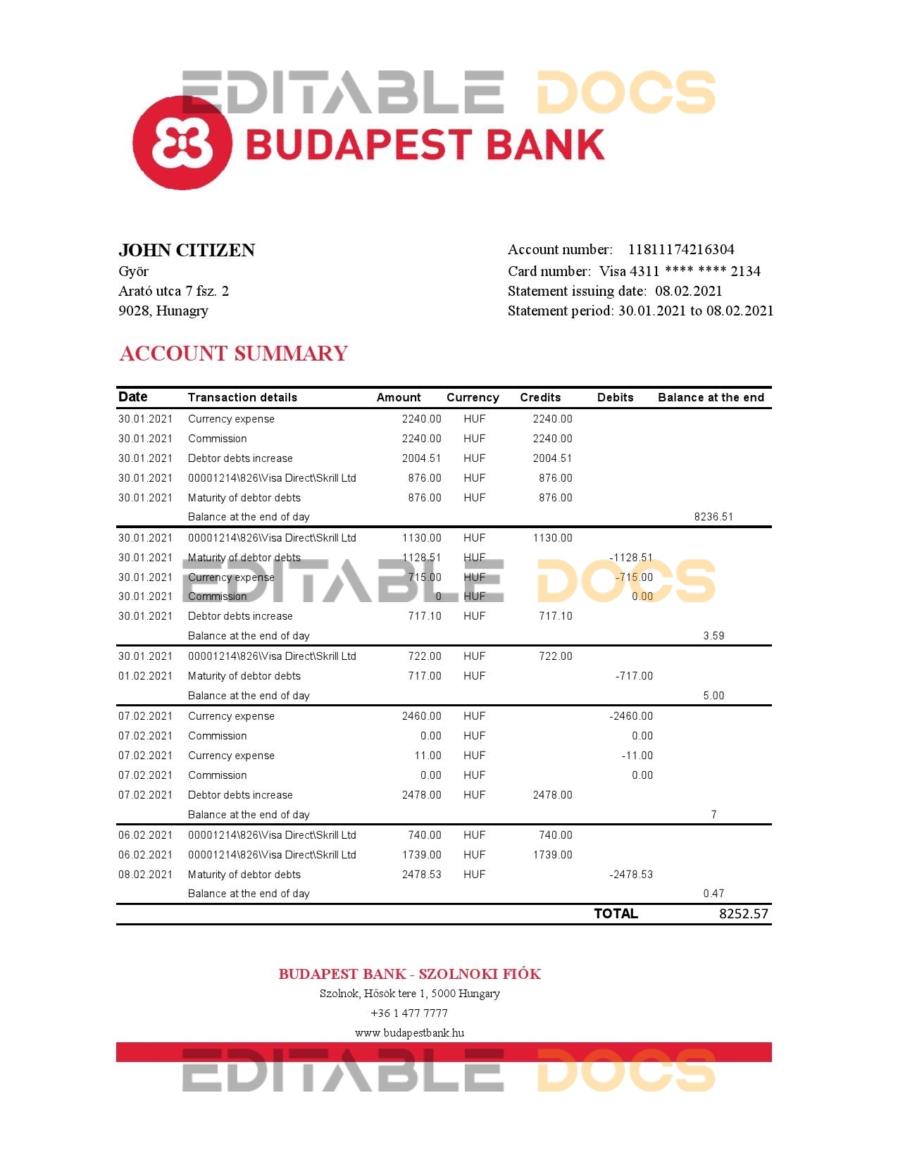 Hungary Budapest Bank – Szolnoki Fiók bank statement easy to fill template in .xls and .pdf file format