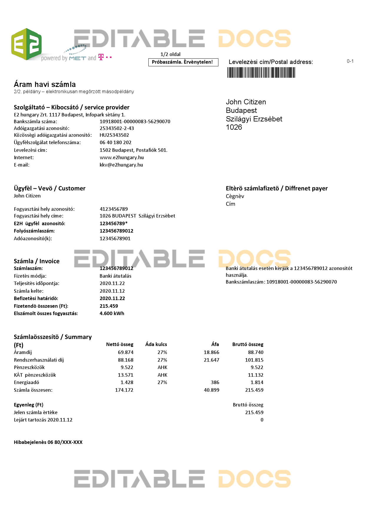 Hungary E2 utility bill template in Word and PDF format