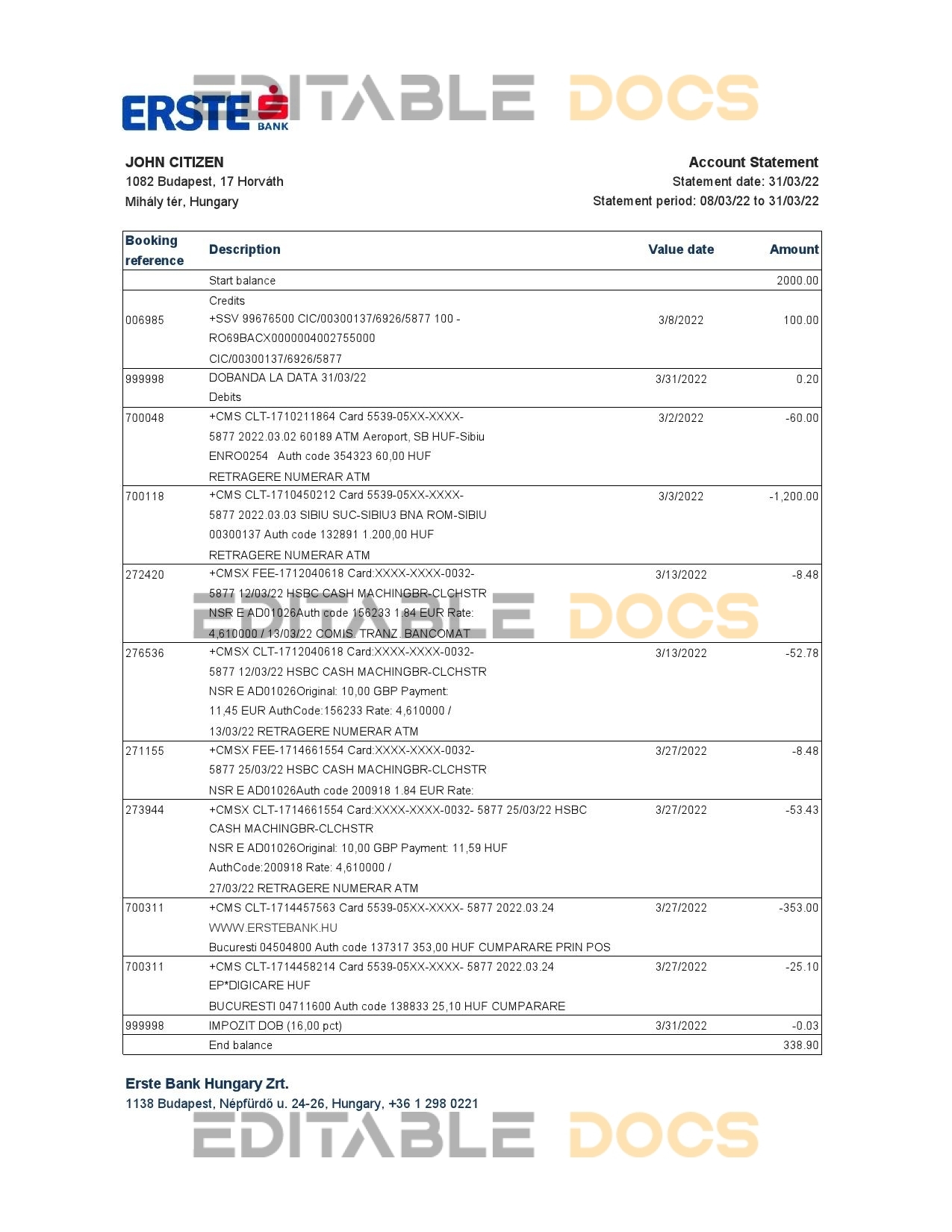 Hungary Erste bank statement Excel and PDF template