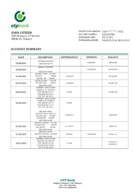 Hungary OTP Bank statement template in Word and PDF format