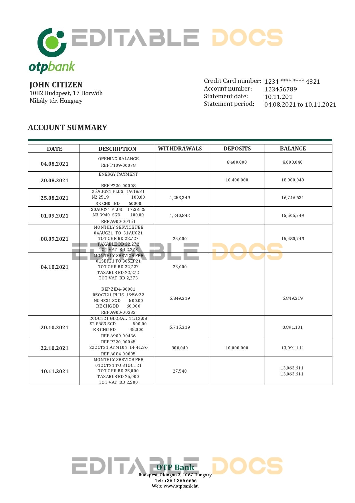 Hungary OTP Bank statement template in Word and PDF format