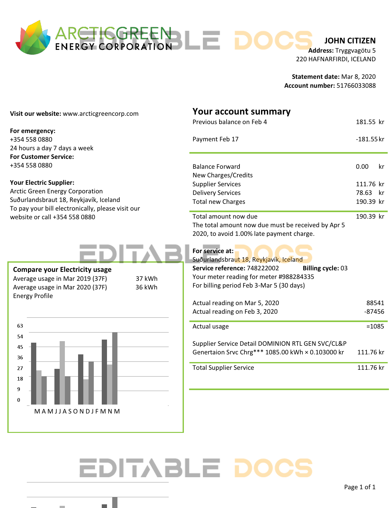 Iceland Arctic Green Energy Corporation electricity utility bill template in Word and PDF