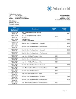 Iceland Arion Banki proof of address bank statement template in Word and PDF format
