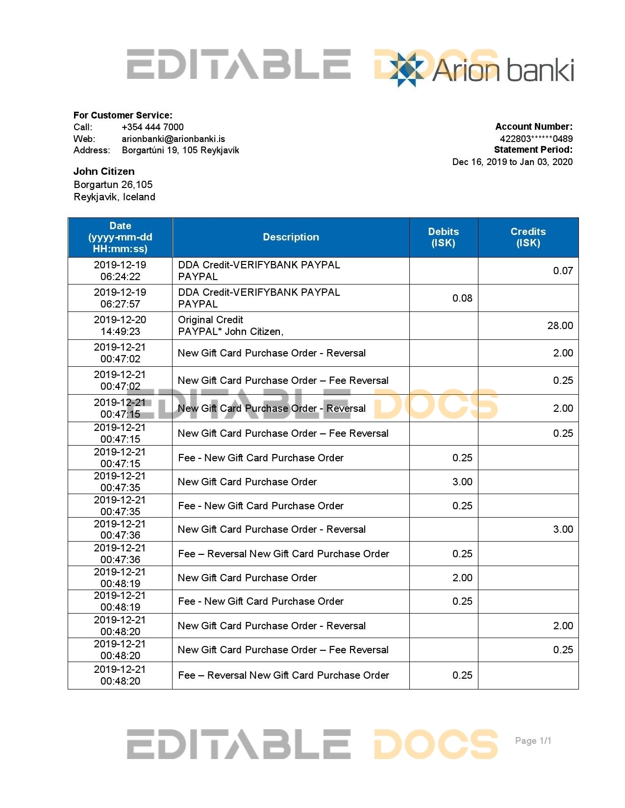 Iceland Arion Banki proof of address bank statement template in Word and PDF format
