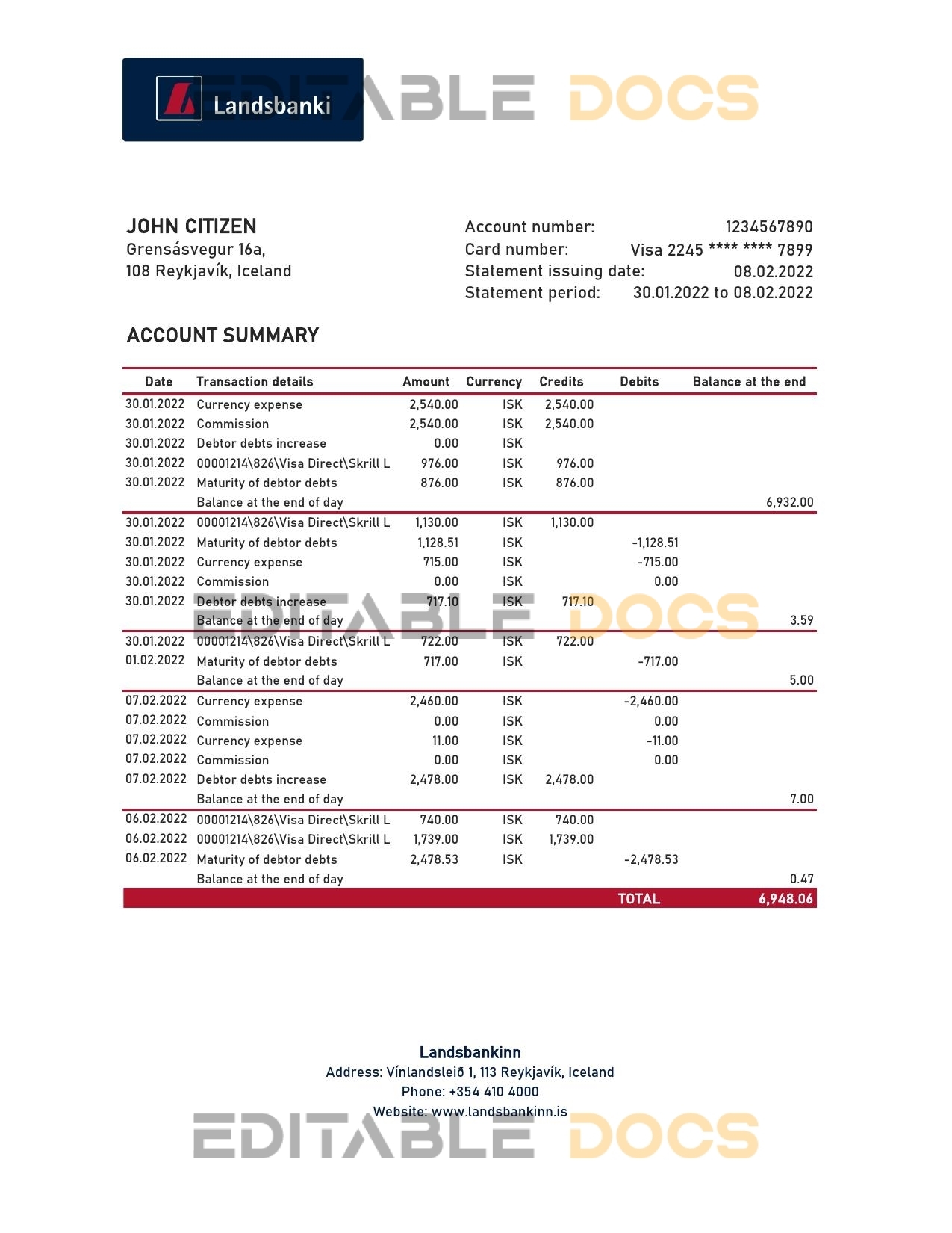 Iceland Landsbankinn bank statement Excel and PDF template