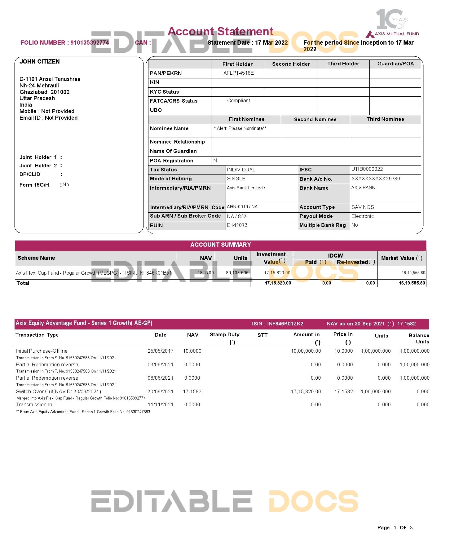 India Axis bank statement, Word and PDF template, 3 pages