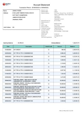 India Bandhan bank statement, Word and PDF template, 2 pages