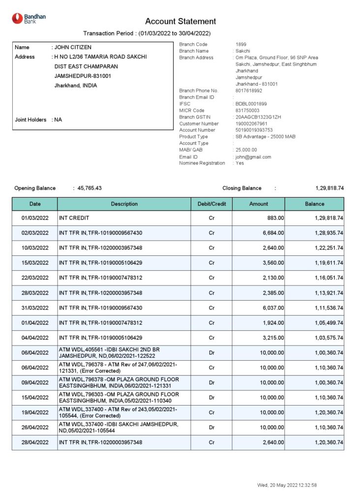 India Bandhan bank statement, Word and PDF template, 2 pages