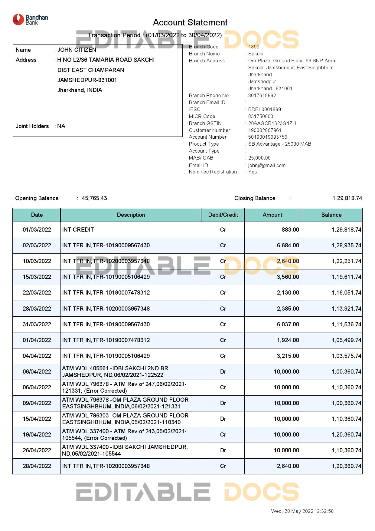 India Bandhan bank statement, Word and PDF template, 2 pages
