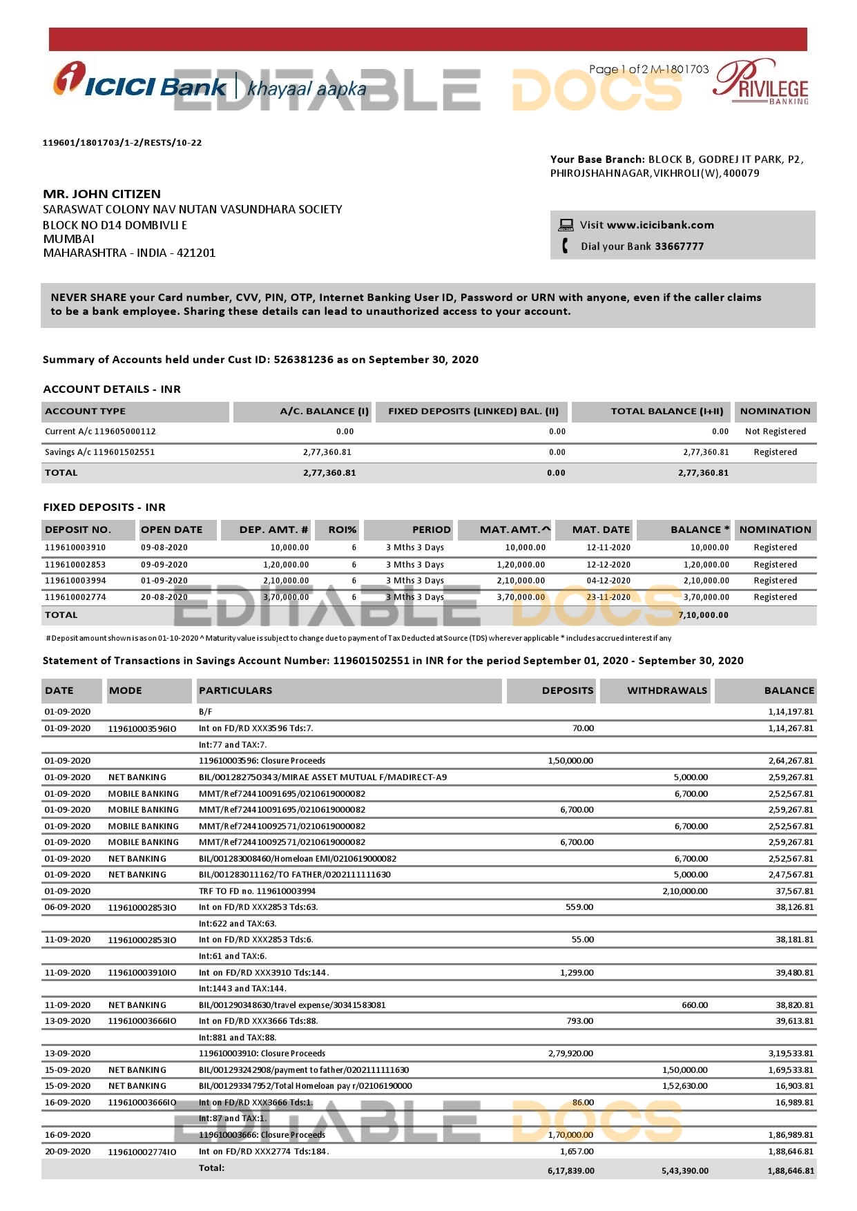 India ICICI Bank statement template in Word and PDF format (2 pages)