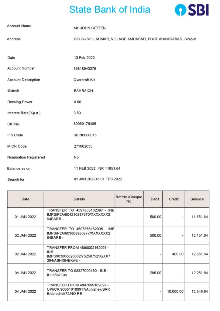 India State Bank of India (SBI) bank statement Word and PDF template, 2 pages
