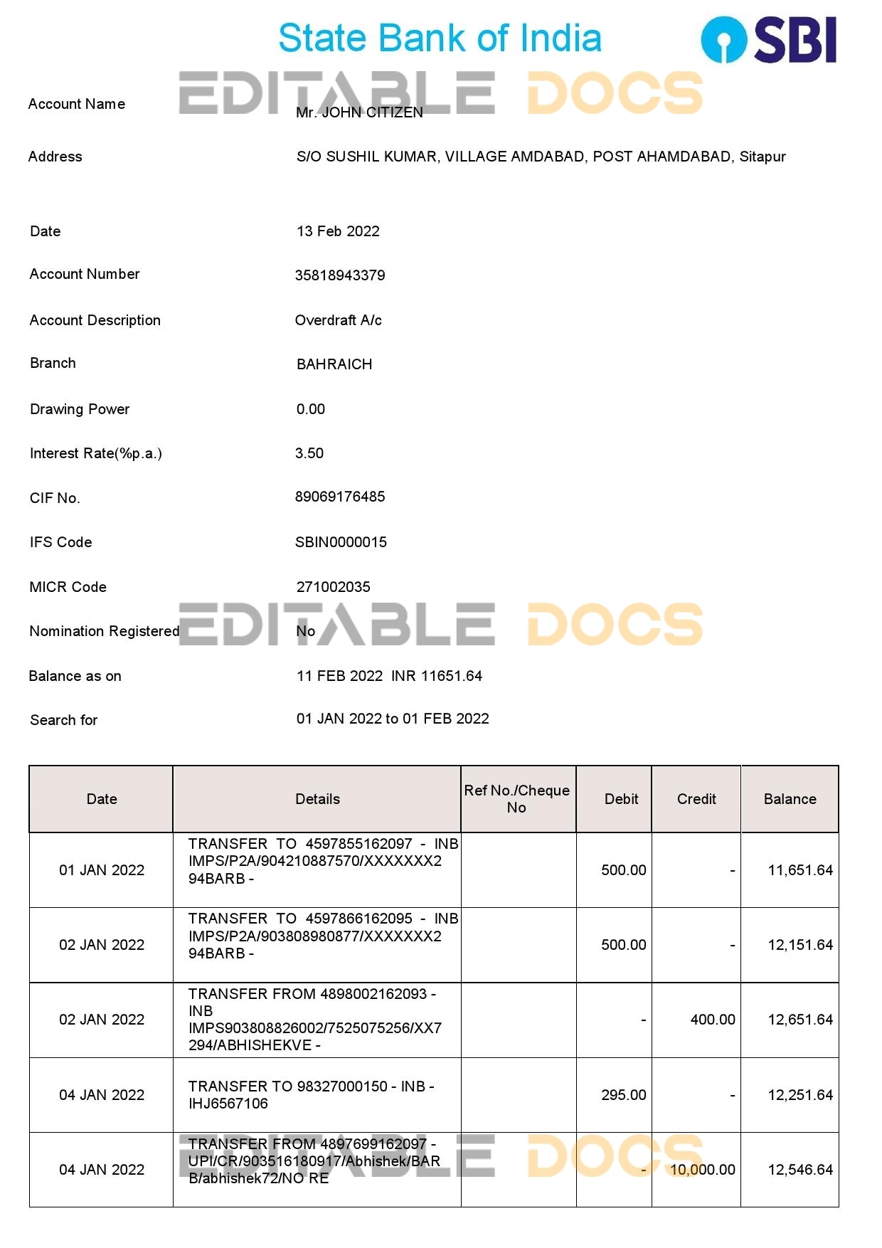 India State Bank of India (SBI) bank statement Word and PDF template, 2 pages