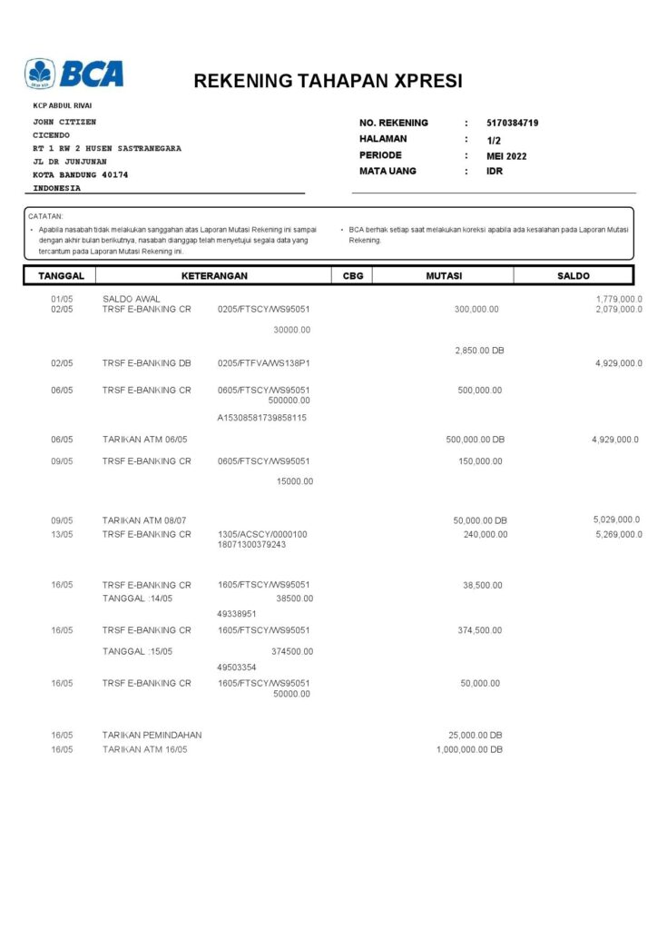 Indonesia BCA bank statement, Word and PDF template, 6 pages