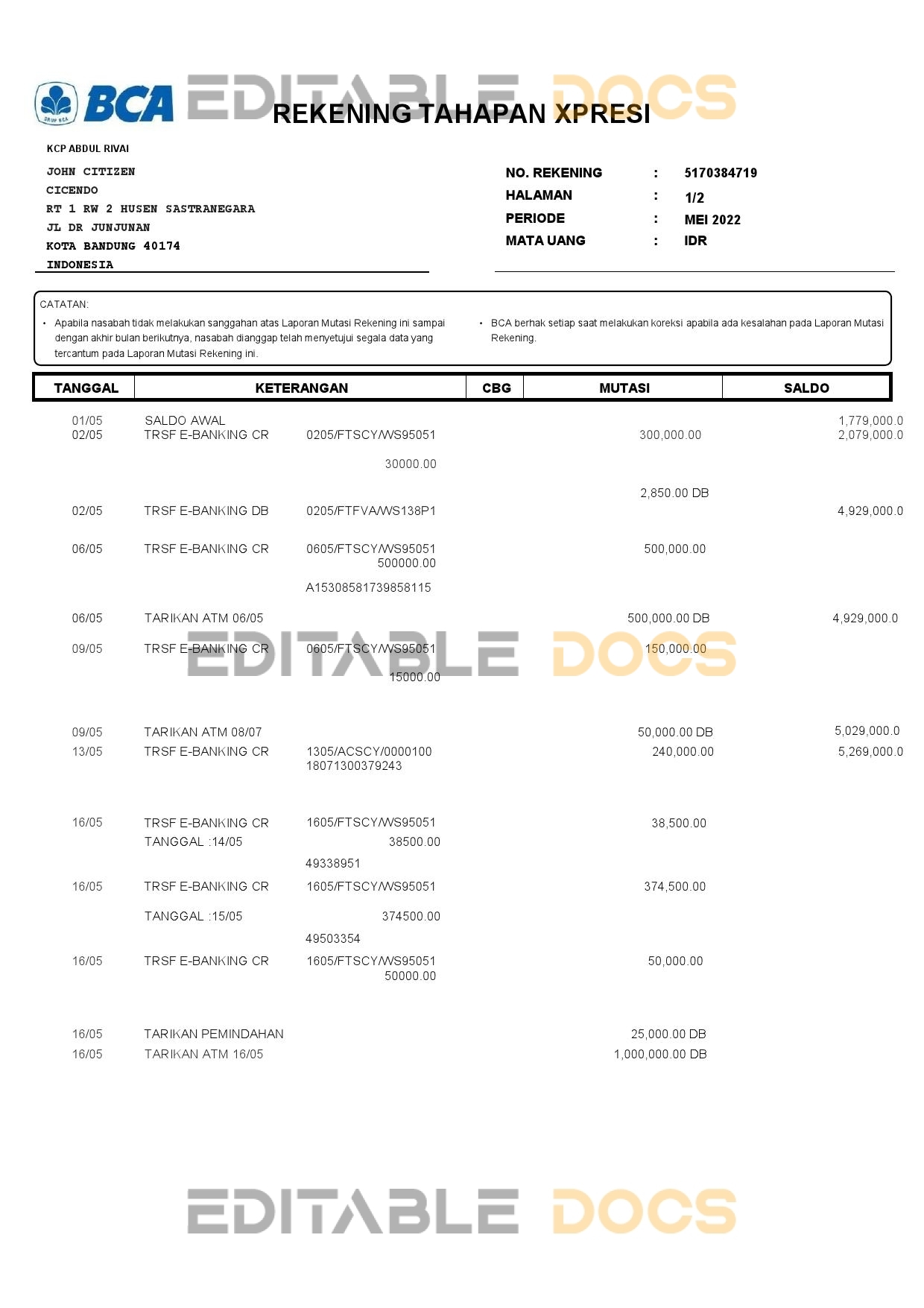 Indonesia BCA bank statement, Word and PDF template, 6 pages