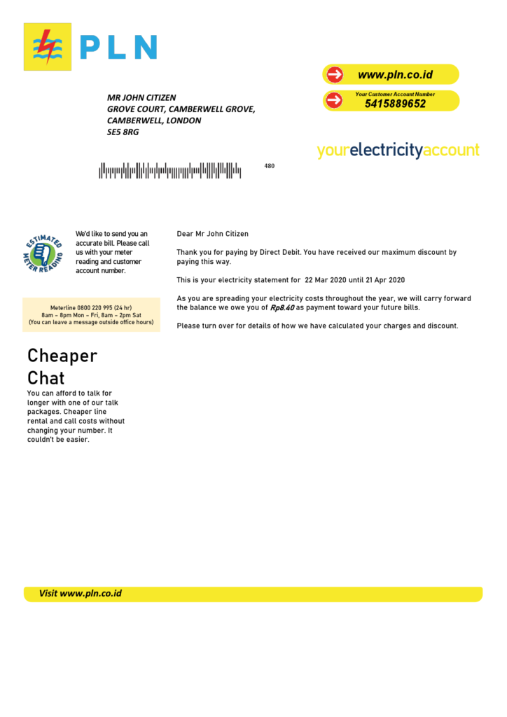 Indonesia PLN electricity utility bill template, fully editable in PSD format