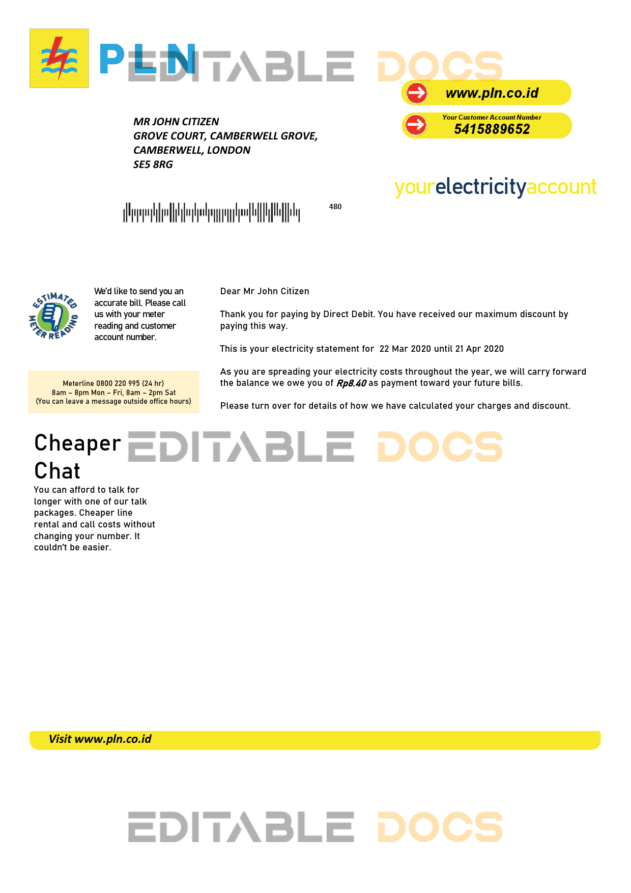 Indonesia PLN electricity utility bill template, fully editable in PSD format