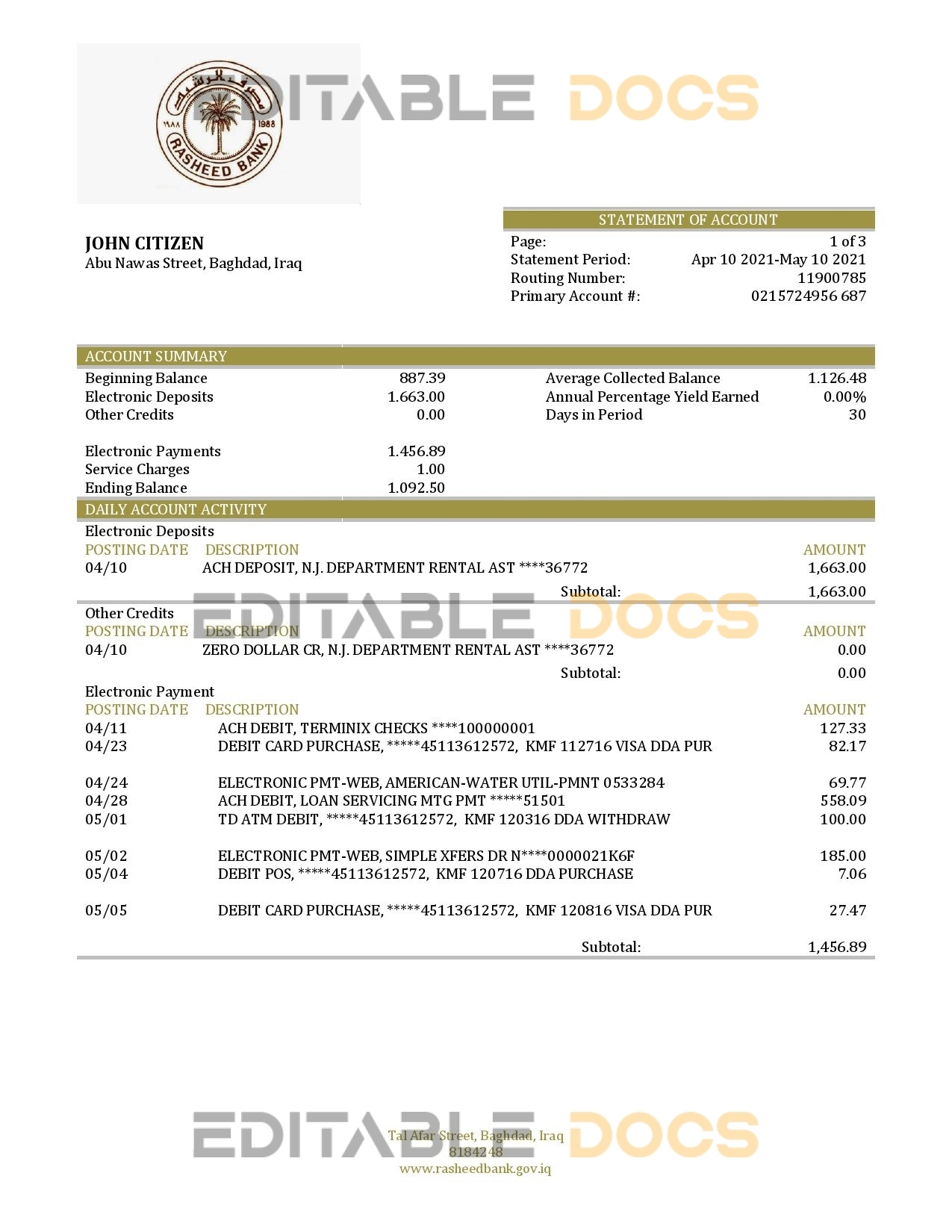 Iraq Rasheed proof of address bank statement in Word and PDF format
