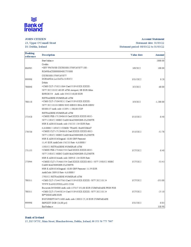 Ireland Bank of Ireland bank statement Excel and PDF template