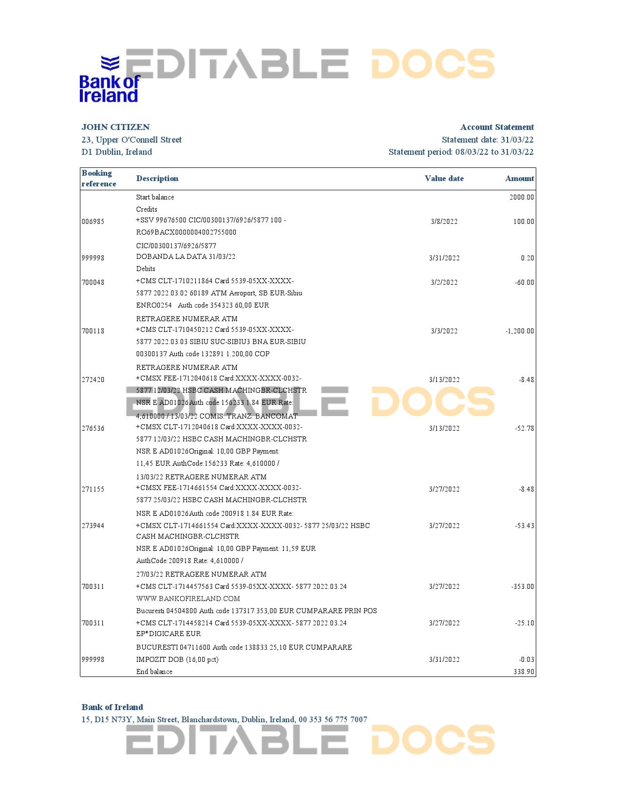 Ireland Bank of Ireland bank statement Excel and PDF template