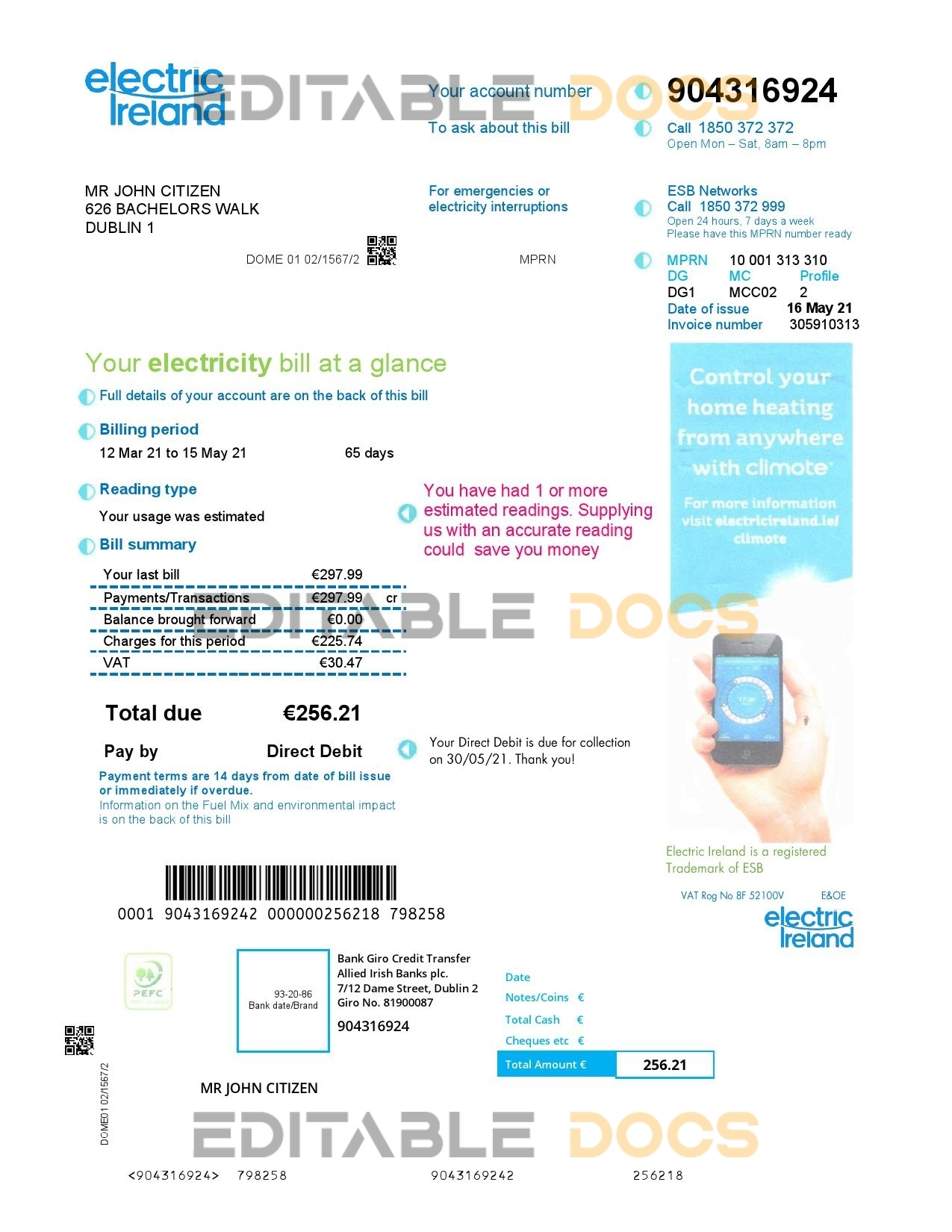 Ireland Electric Ireland utility bill template in Word and PDF format