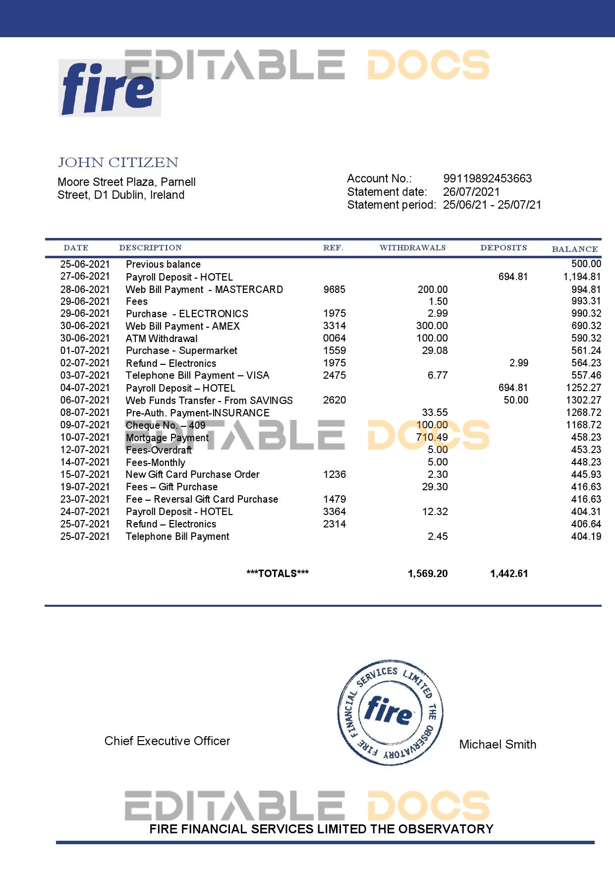 Ireland Fire Financial Services Limited account statement template in Word and PDF format