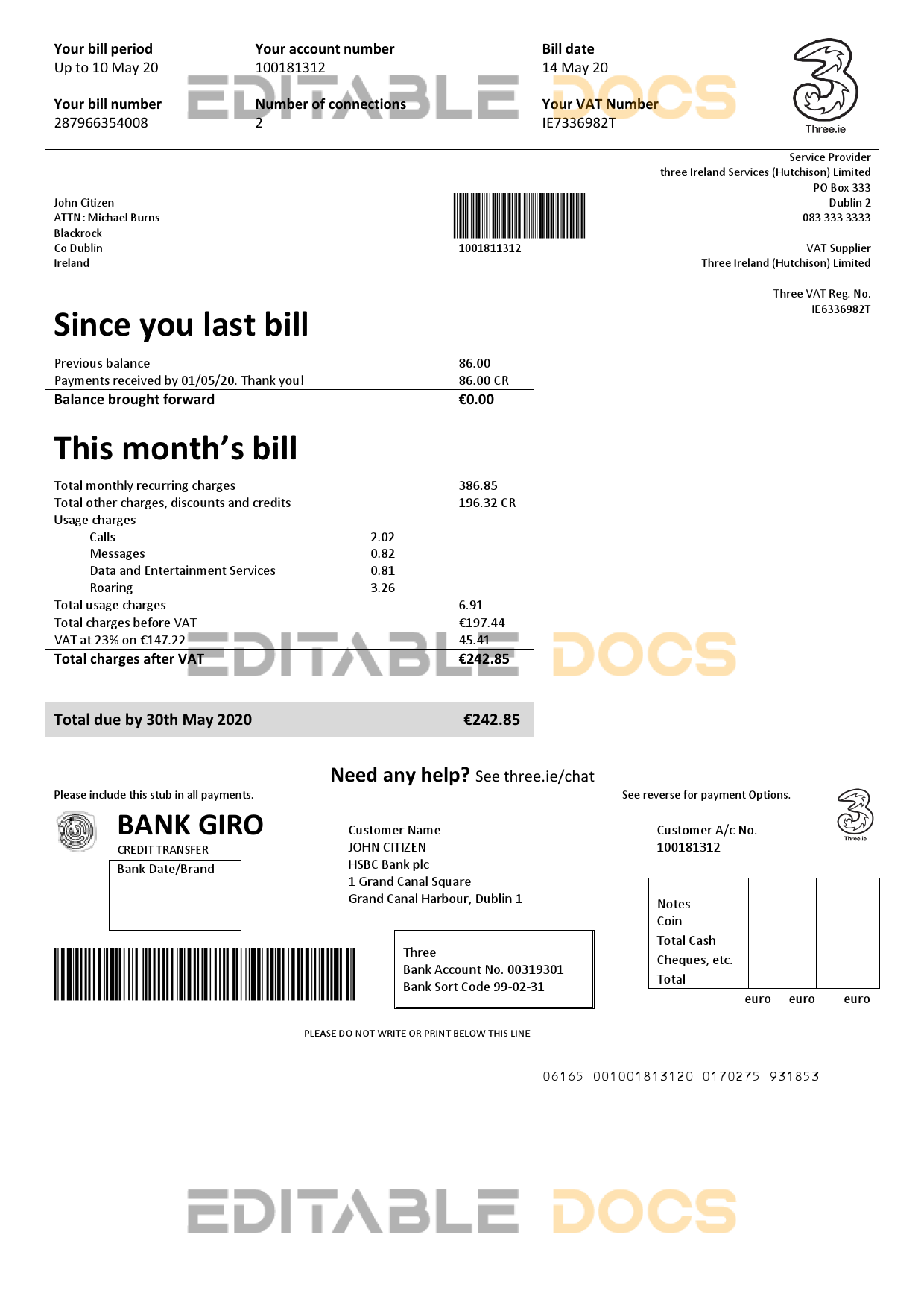 Ireland Three.ie utility bill template in Word and PDF format