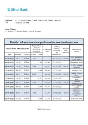Ireland Ulster proof of address bank statement in Word and PDF format