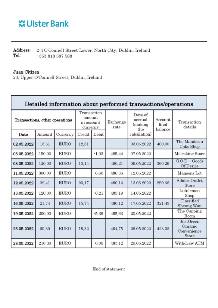 Ireland Ulster proof of address bank statement in Word and PDF format