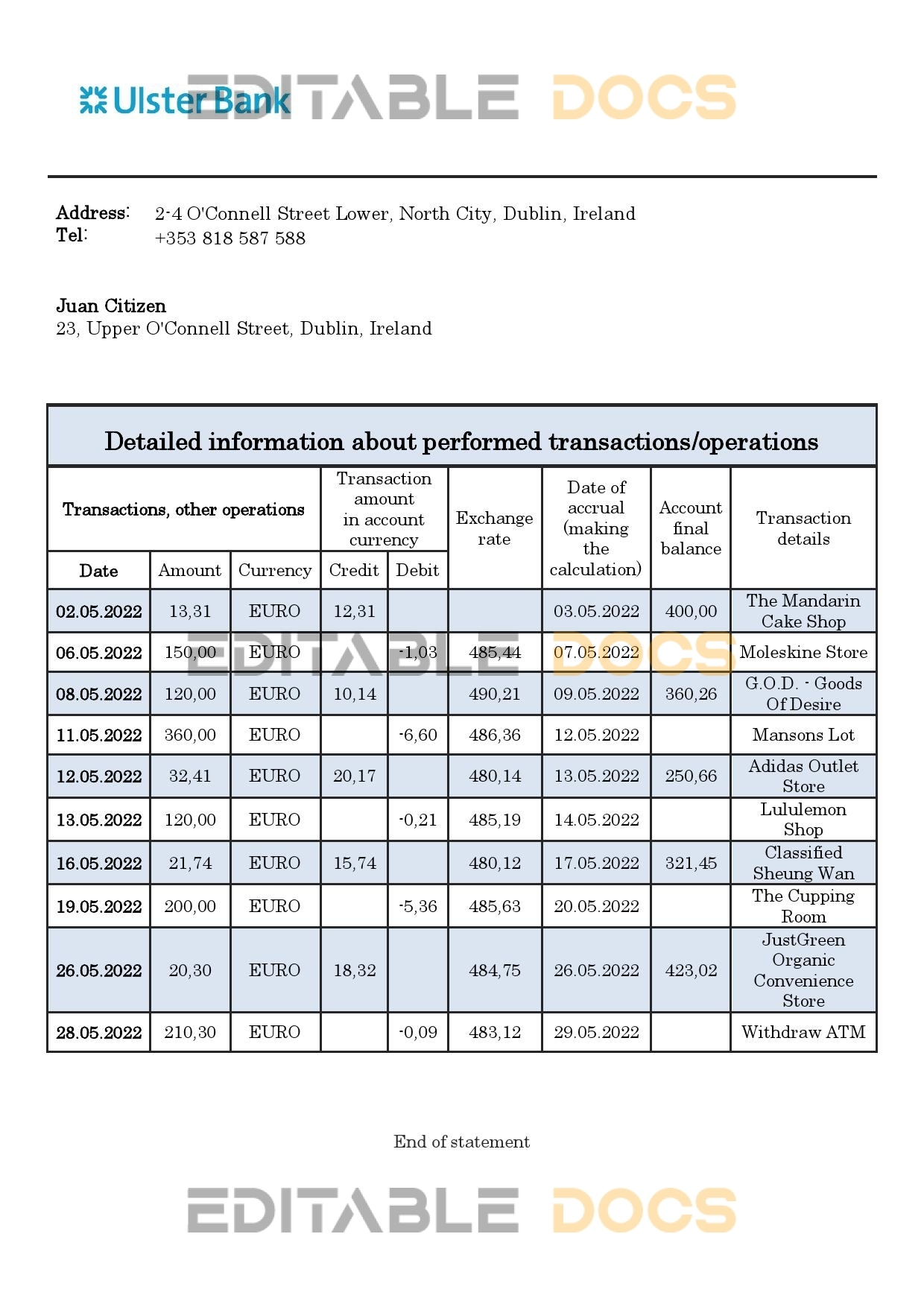 Ireland Ulster proof of address bank statement in Word and PDF format