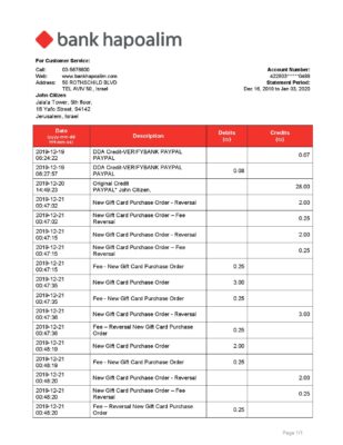 Israel Bank Hapoalim proof of address bank statement template in Word and PDF format