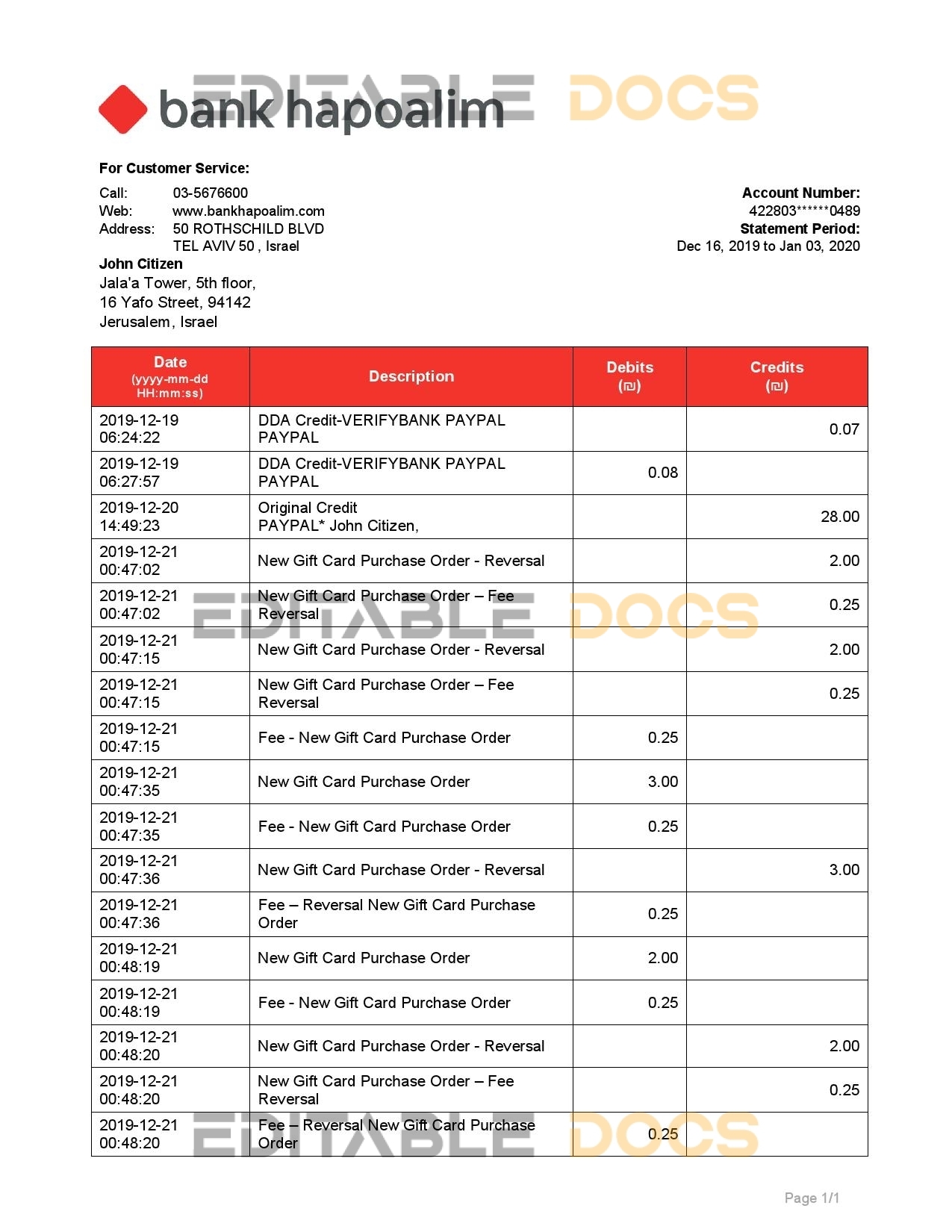 Israel Bank Hapoalim proof of address bank statement template in Word and PDF format