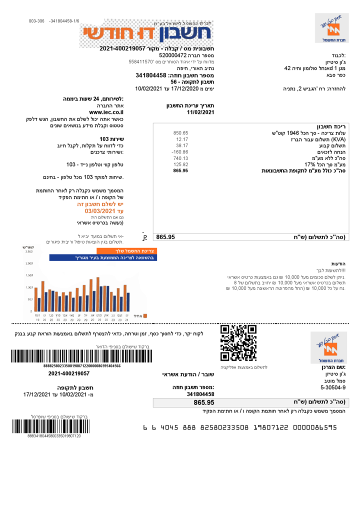 Israel Electric Corporation electricity utility bill template in Word and PDF format (.doc and .pdf)