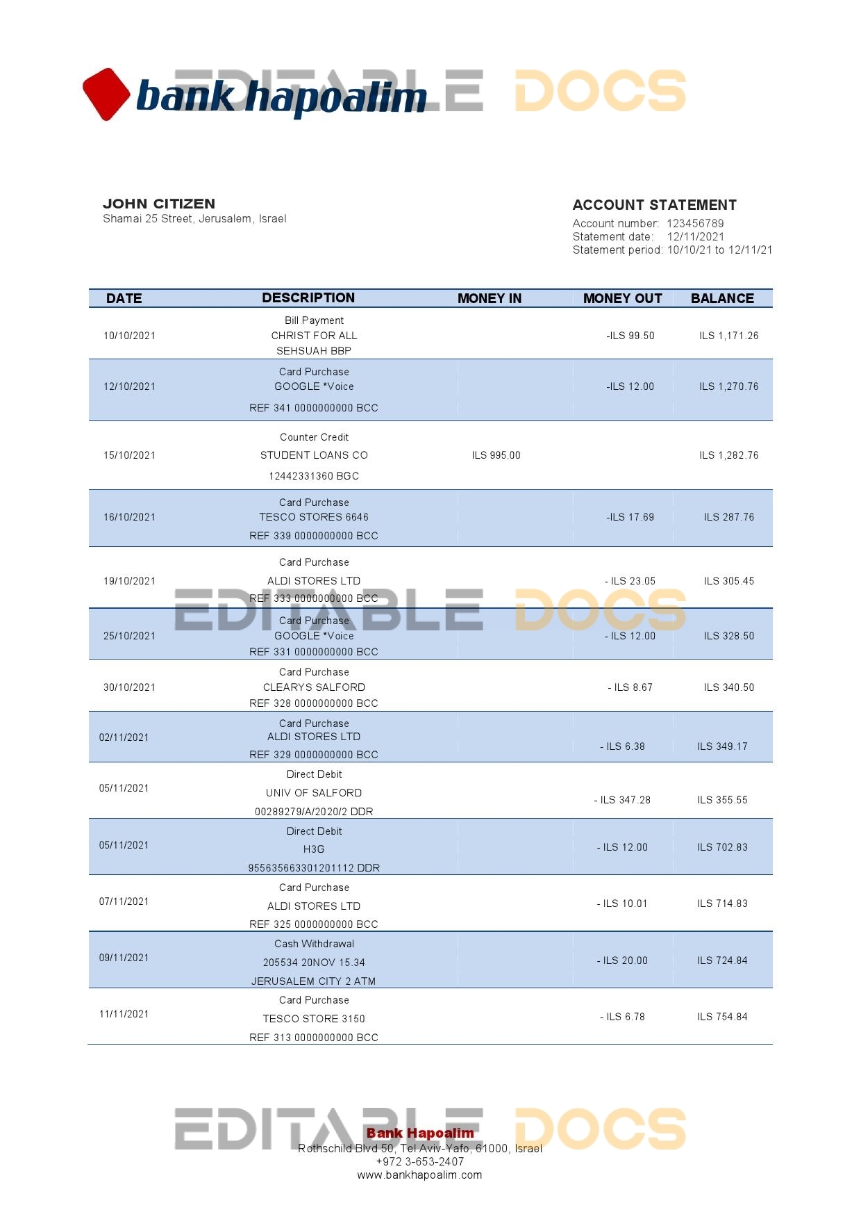 Israel Hapoalim proof of address bank statement template in Word and PDF format