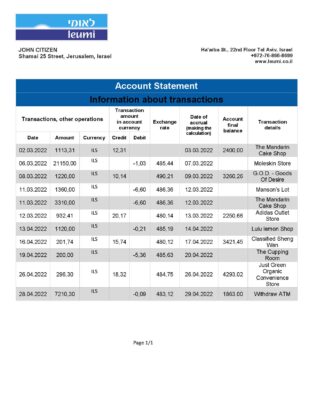 Israel Leumi proof of address bank statement template in Word and PDF format