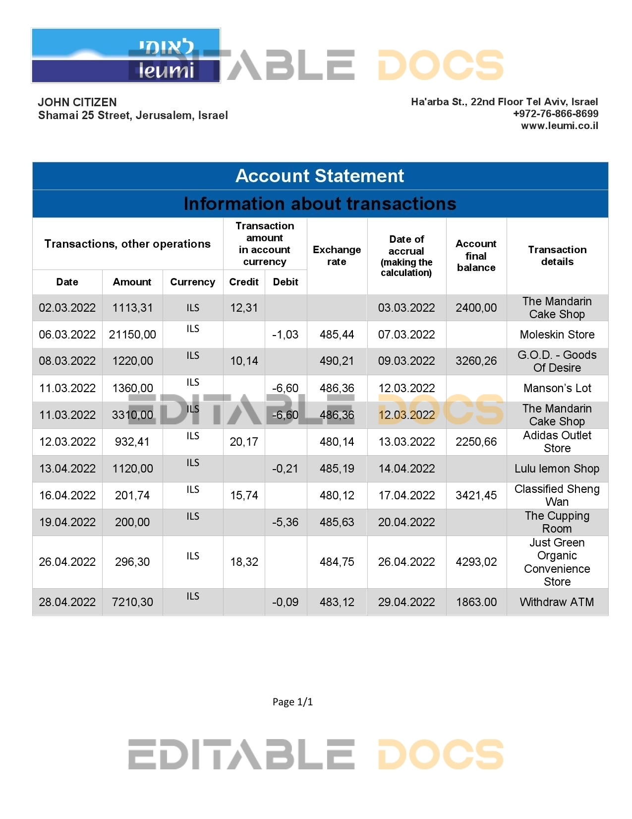 Israel Leumi proof of address bank statement template in Word and PDF format