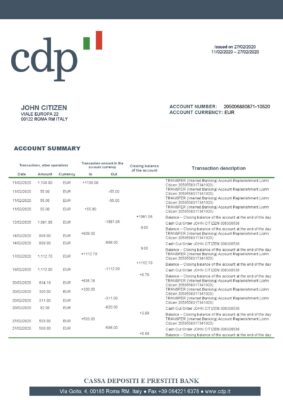 Italy Cassa Depositi e Prestiti bank statement template in Word and PDF format, fully editable