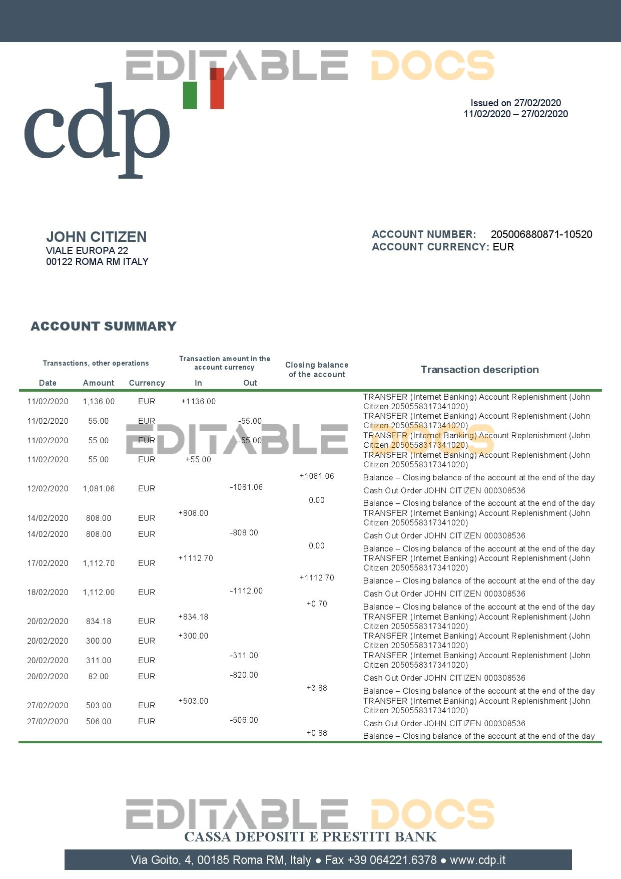 Italy Cassa Depositi e Prestiti bank statement template in Word and PDF format, fully editable