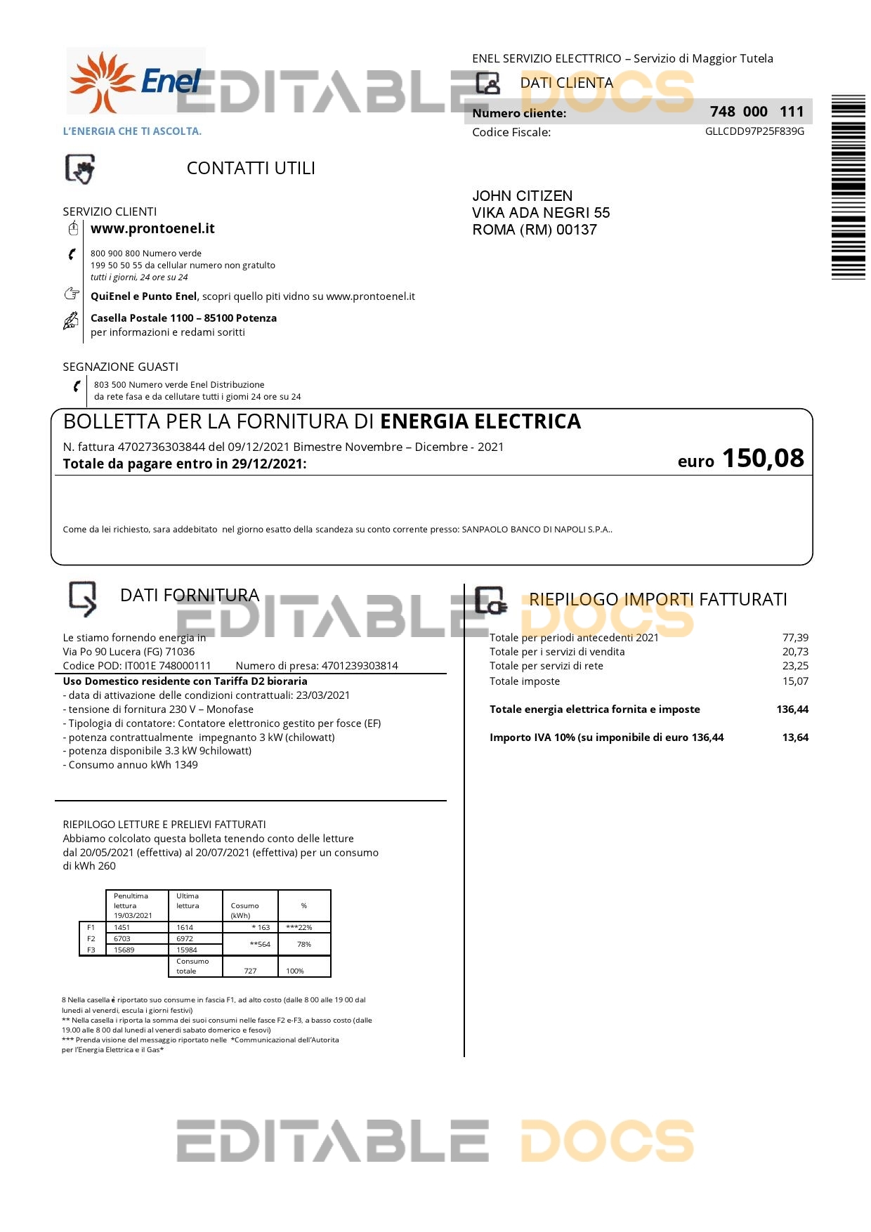 Italy Enel electricity utility bill template in Word and PDF format