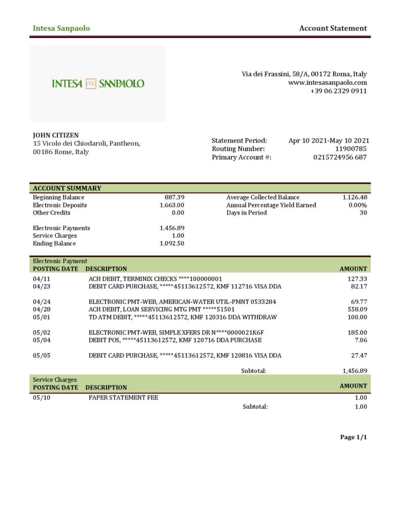 Italy Intesa Sanpaolo bank statement template in .doc and .pdf format, fully editable