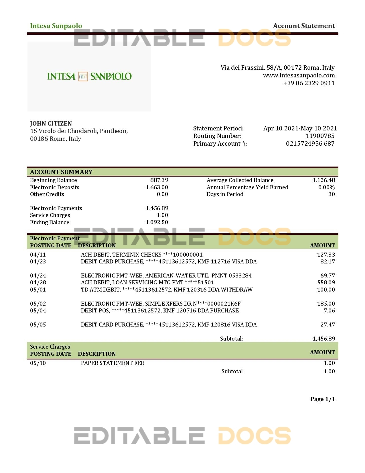 Italy Intesa Sanpaolo bank statement template in .doc and .pdf format, fully editable