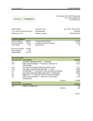 Italy Intesa Sanpaolo bank statement Excel and PDF template