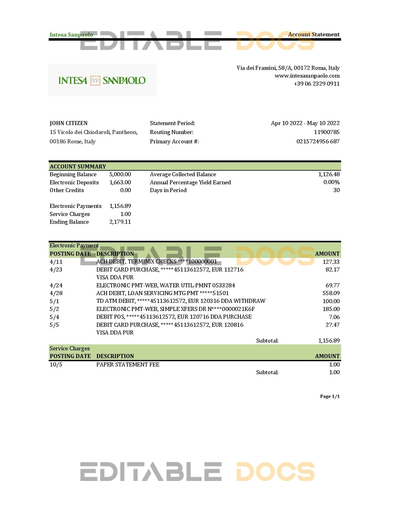 Italy Intesa Sanpaolo bank statement Excel and PDF template