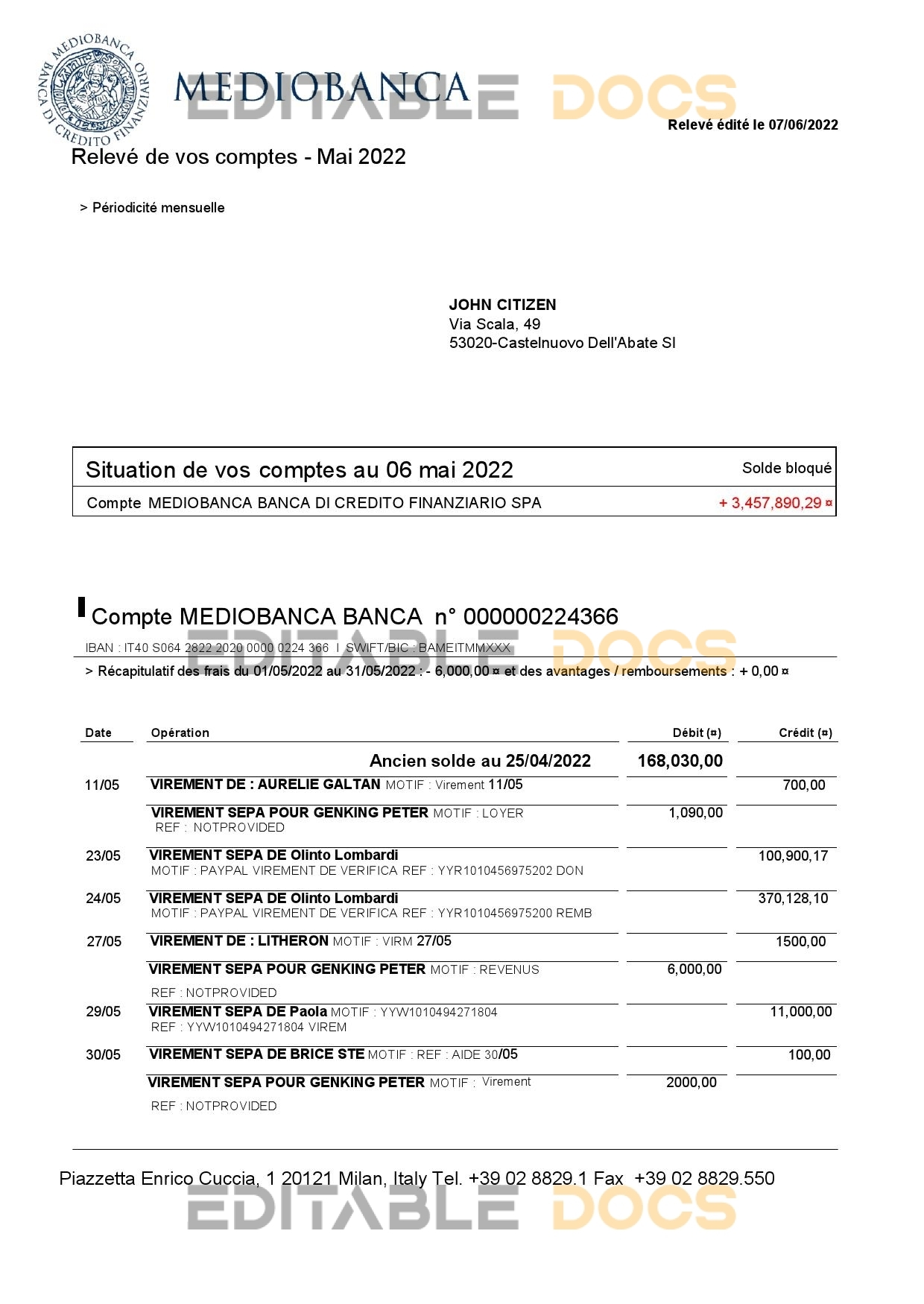 Italy Mediobanca bank statement Word and PDF template