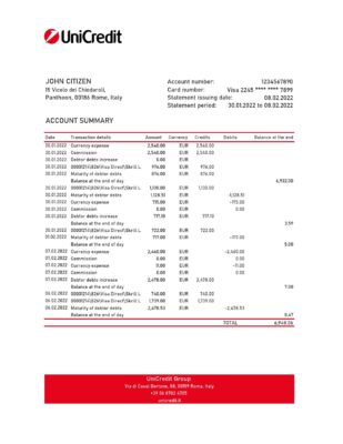Italy Unicredit bank statement Excel and PDF template