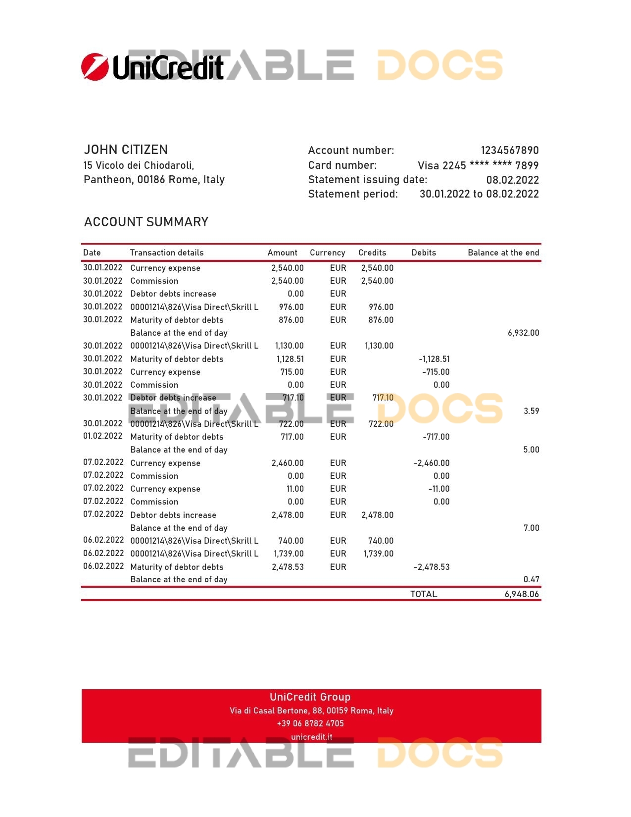 Italy Unicredit bank statement Excel and PDF template